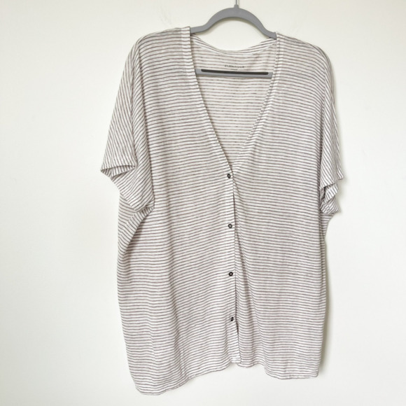 Eileen Fisher Linen Short Sleeve V Neck Cardigan Cream Taupe Stripe Womens Large - Picture 4 of 10